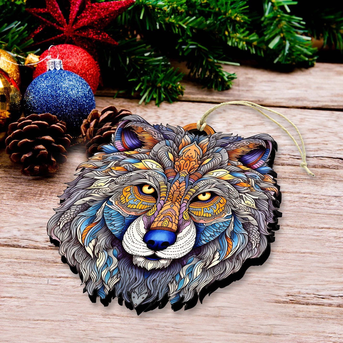 Ornamental Wolf Face Wooden Ornaments by G.Debrekht - Wildlife Holiday Decor - 8710125-2
