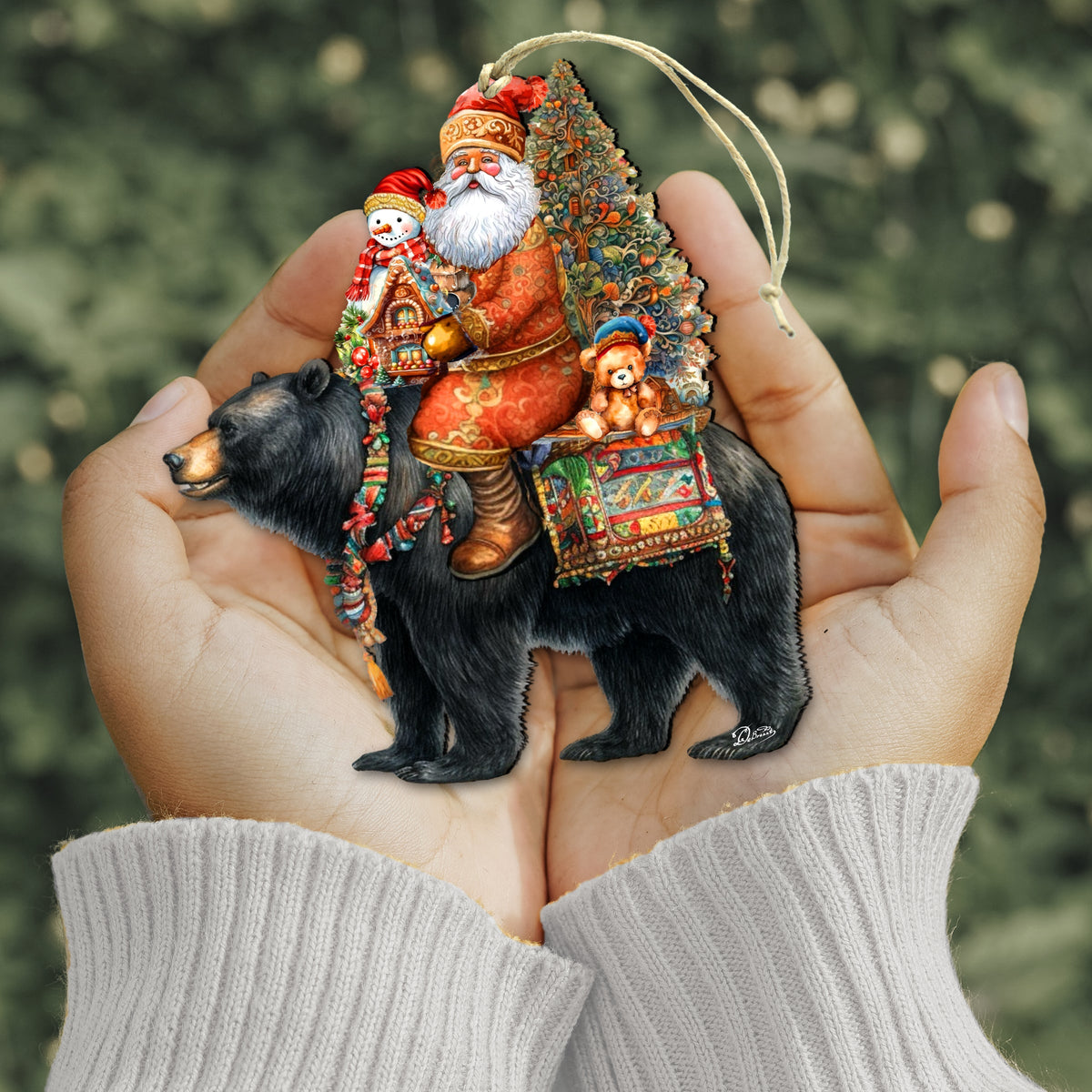 Santa on Black Bear Wooden Ornaments Christmas Santa Snowman Decor - 8611064
