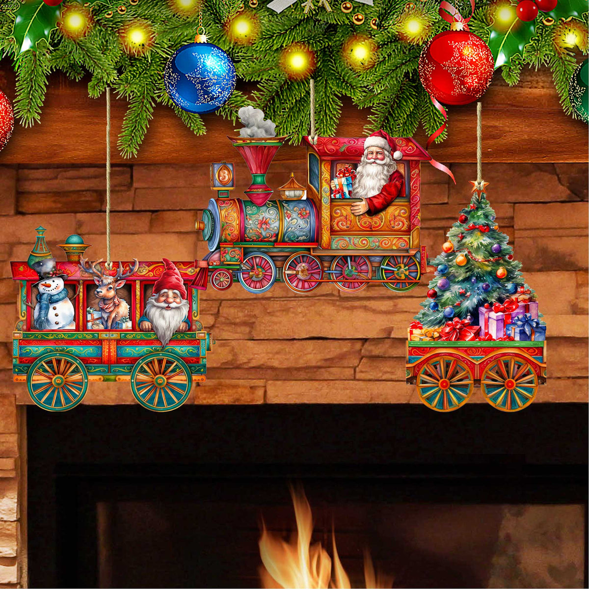 Santa's Train Wooden Ornaments Set of 3 by G. Debrekht - Christmas Decor - 8100199S3