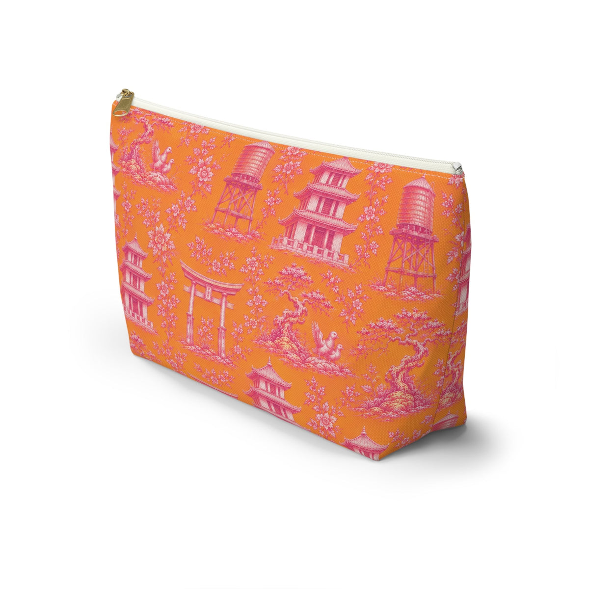 New York Chinatown Orange Toile de Jouy Mahjong Tile Pouch — Chinoiserie T-Bottom Makeup Bag