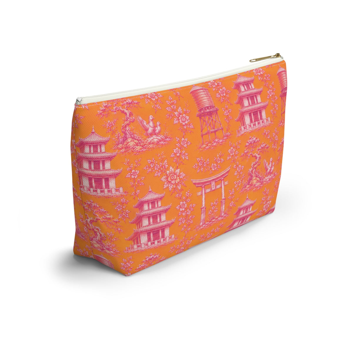 New York Chinatown Orange Toile de Jouy Mahjong Tile Pouch — Chinoiserie T-Bottom Makeup Bag