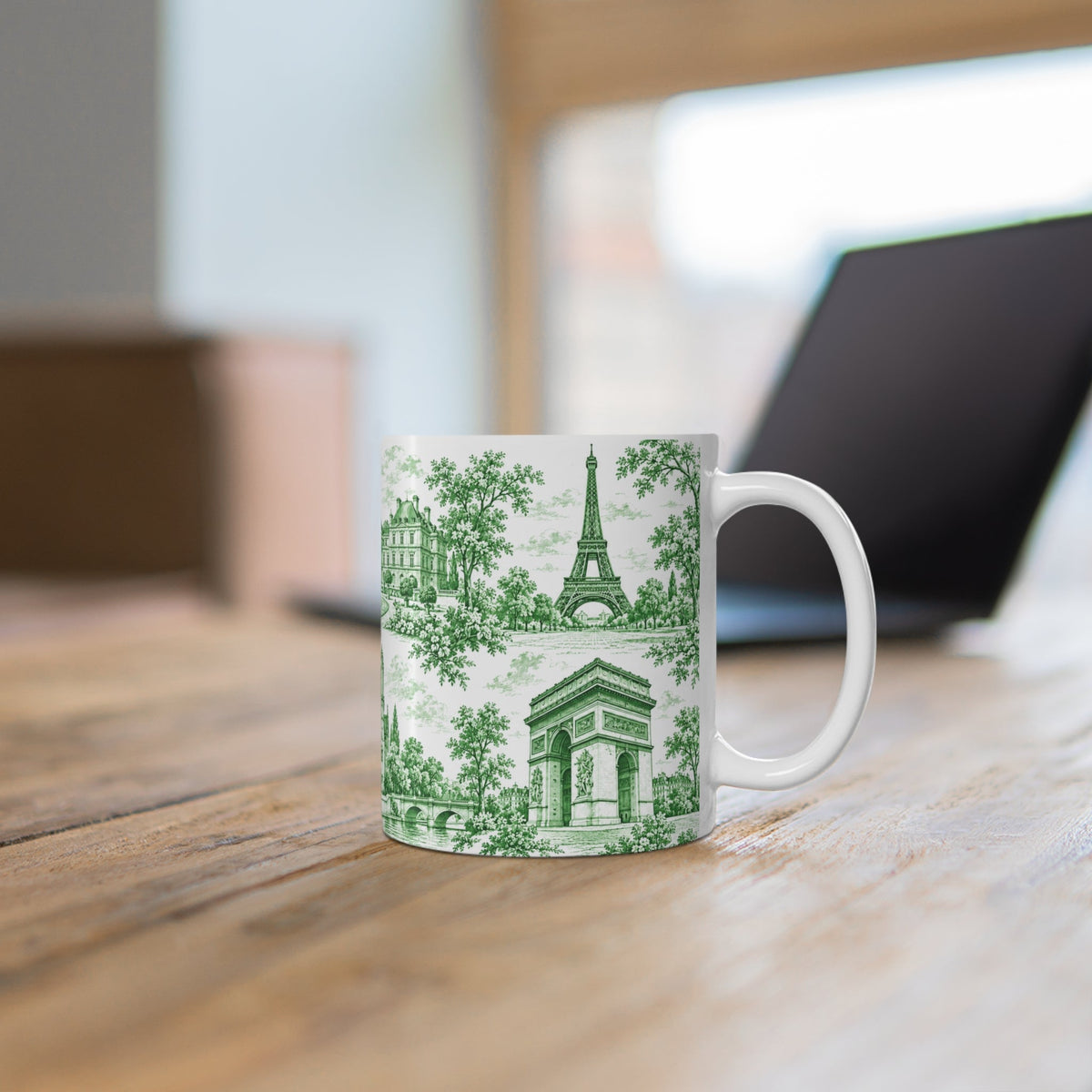 Paris Green and White Toile Ceramic Mug — (11oz; Ships from Europe)