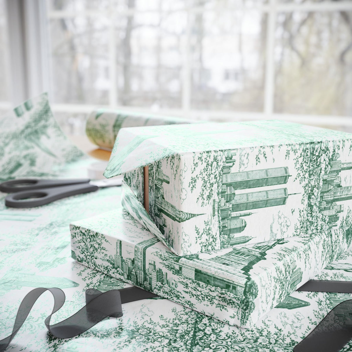 Manhattan NYC Green Toile Gift Wrapping Papers Chinoiserie Old New York City Gift Wrap Empire State Building Twin Towers Statue of Liberty