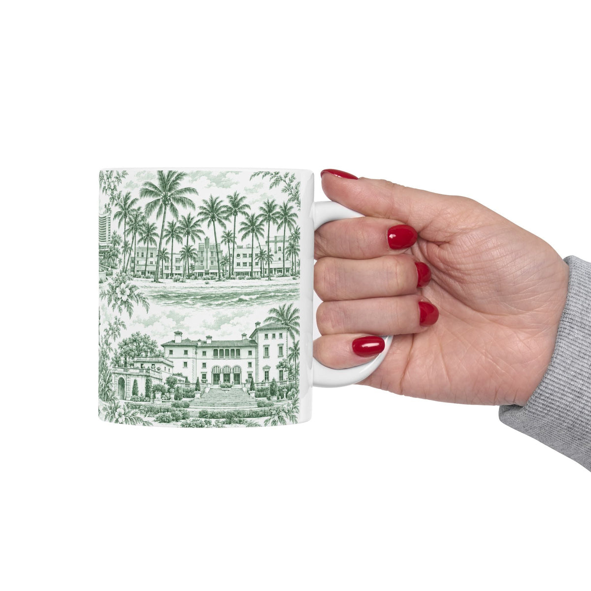 Miami Green Toile de Jouy Ceramic Mug — Vintage Palm Florida Chinoiserie 11oz