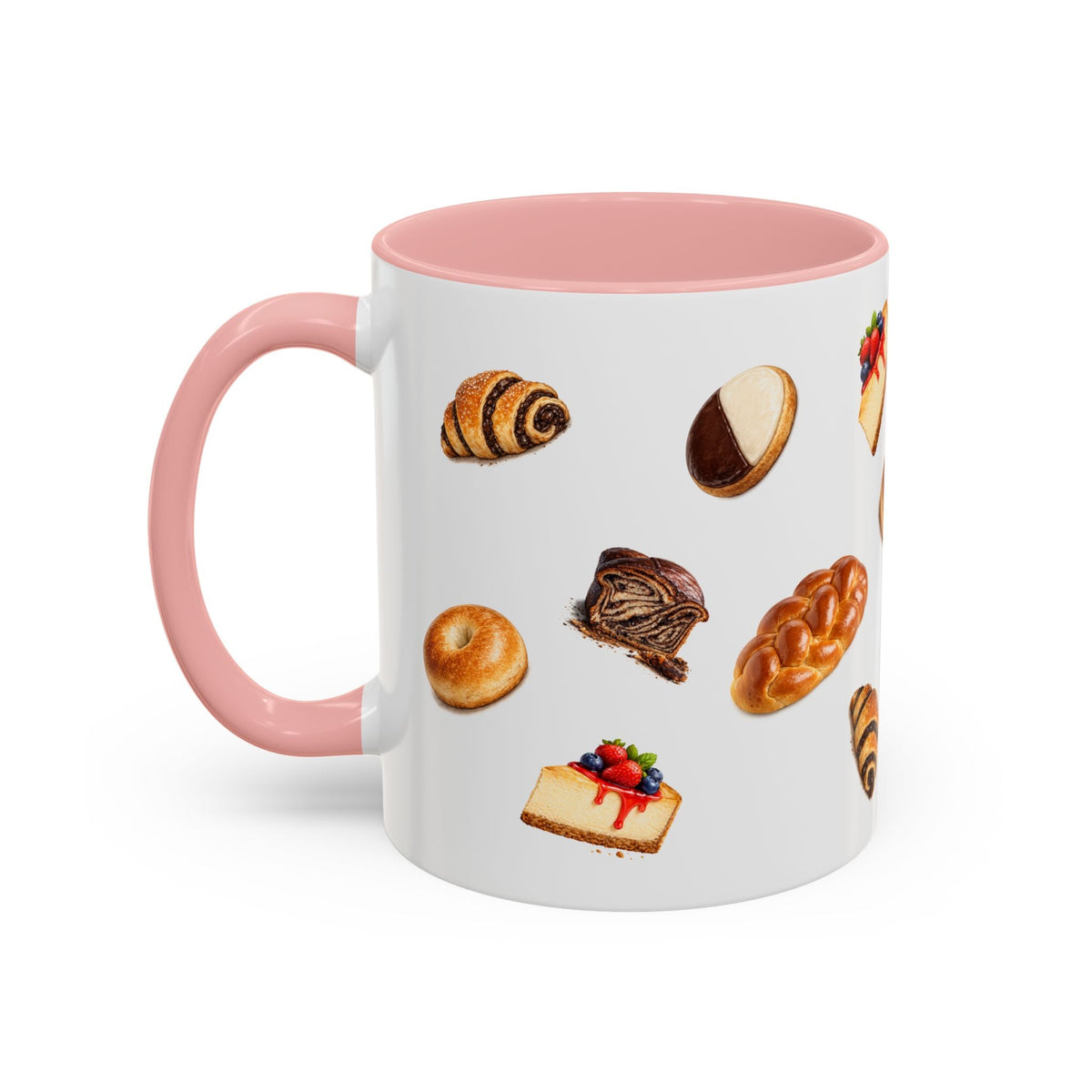NYC Kosher Bakery Pattern Accent Mug | Babka Cheesecake Rugelach Black + White Cookie Challah Bagel 11oz Ceramic Coffee Cup