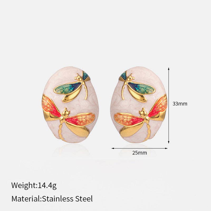 Boucles d'oreilles ovales Libellule en acier émaillé asymétrique S5P093