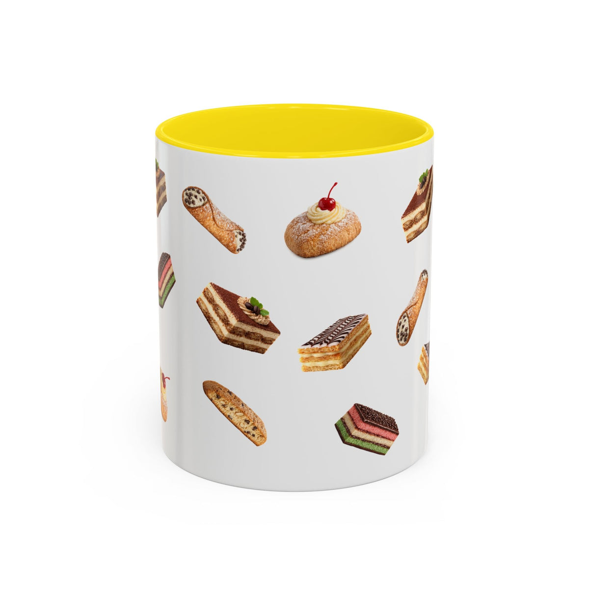 NYC Italian Bakery Pattern Accent Mug | Cannoli Rainbow Cookie Zeppoli Tiramisu Biscotti Napoleon 11oz Ceramic Coffee Cup