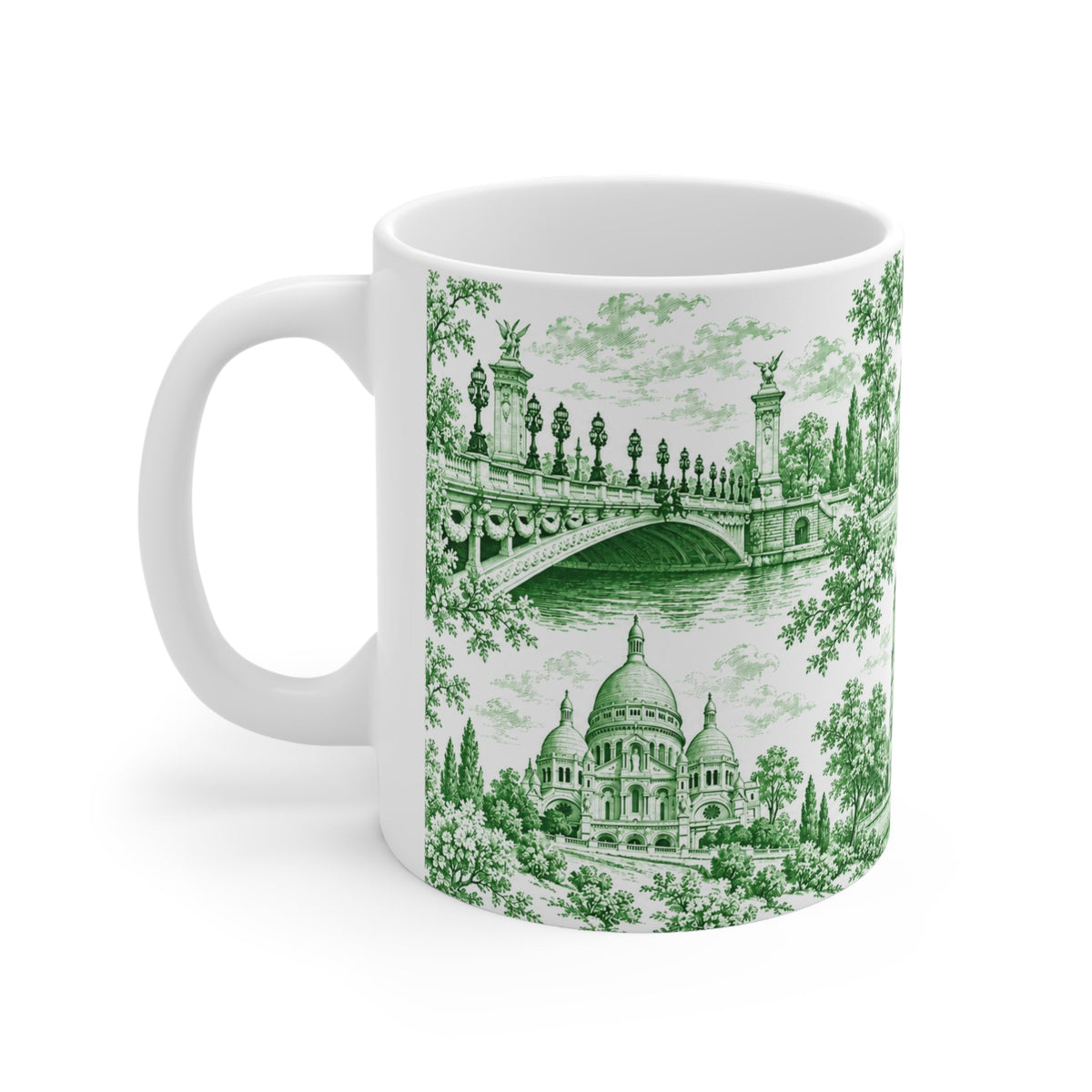 Paris Green and White Toile Ceramic Mug — (11oz; Ships from Europe)