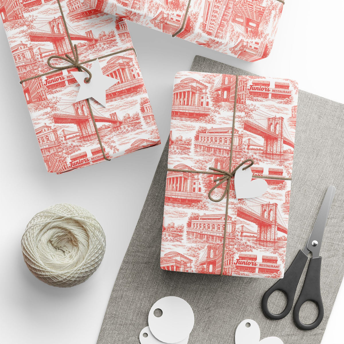 Brooklyn NYC Red Toile Gift Wrapping Papers Chinoiserie New York City Gift Wrap Brooklyn Bridge Prospect Park Junior's DUMBO Museum