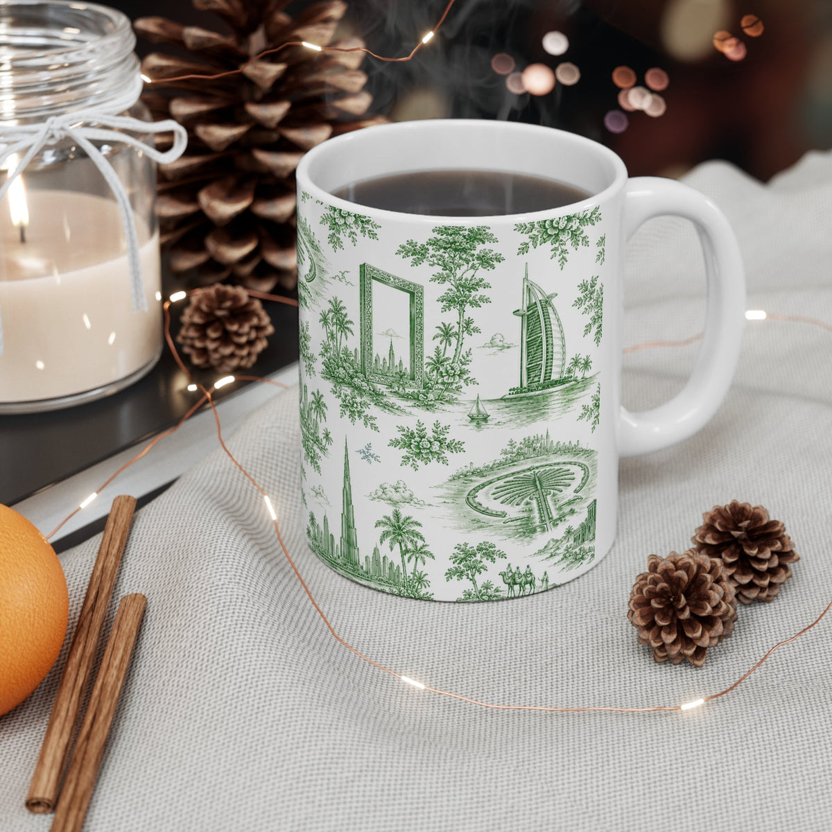 Dubai Green Toile de Jouy Ceramic Mug - Coffee Cup (11oz; Ships from Europe)
