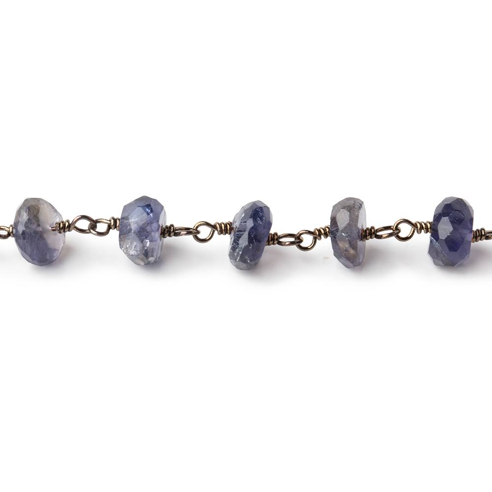 6mm Iolite faceted rondelle Black Gold Chain by the foot 30 pcs