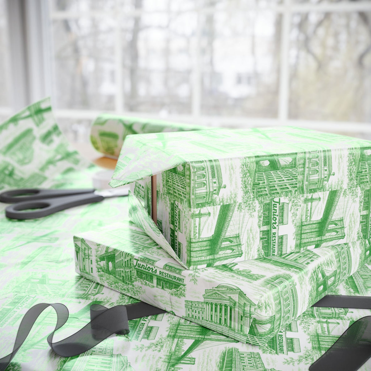 Brooklyn NYC Green Toile Gift Wrapping Papers Chinoiserie New York City Gift Wrap Brooklyn Bridge Prospect Park Junior's DUMBO Museum