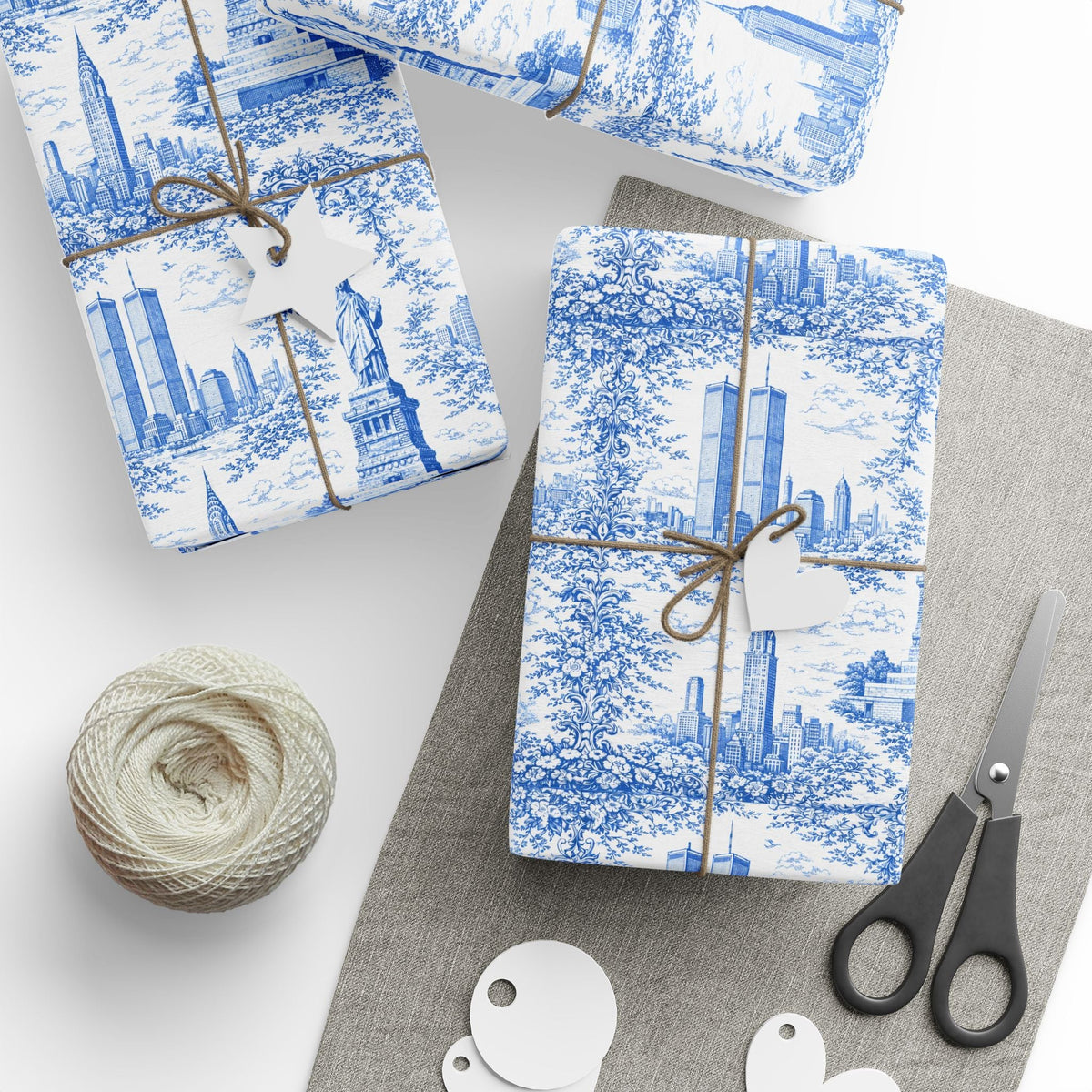 Manhattan NYC Blue Toile Gift Wrapping Papers Chinoiserie New York City Gift Wrap Empire State Building Twin Towers Statue of Liberty