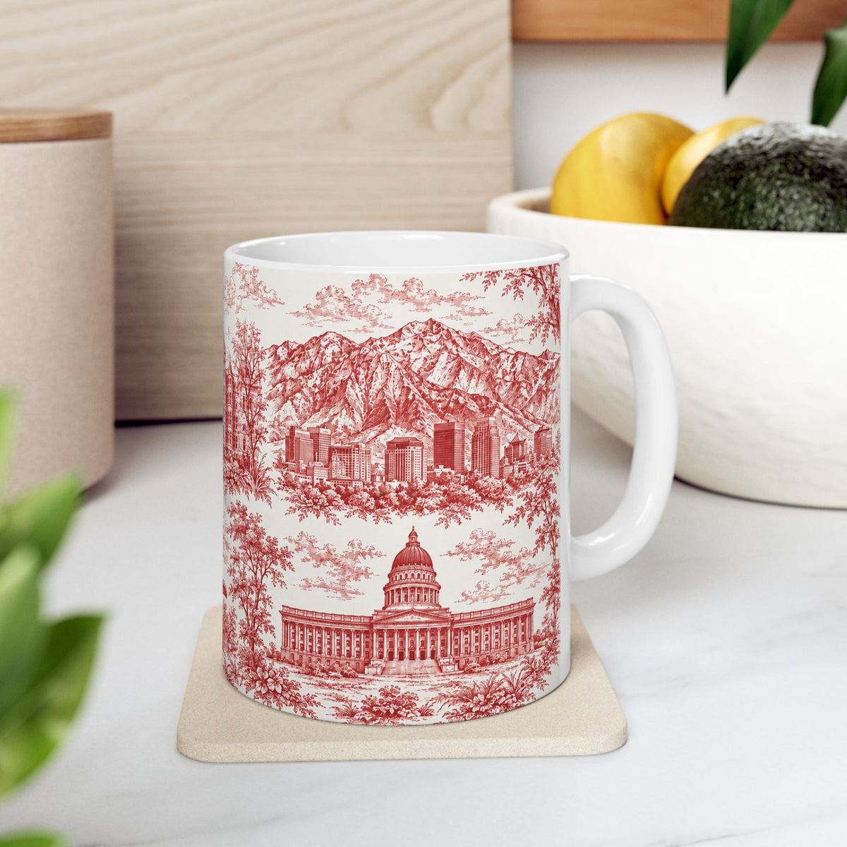 Salt Lake City Red Toile de Jouy Mug — Ceramic Coffee Cup (11oz)