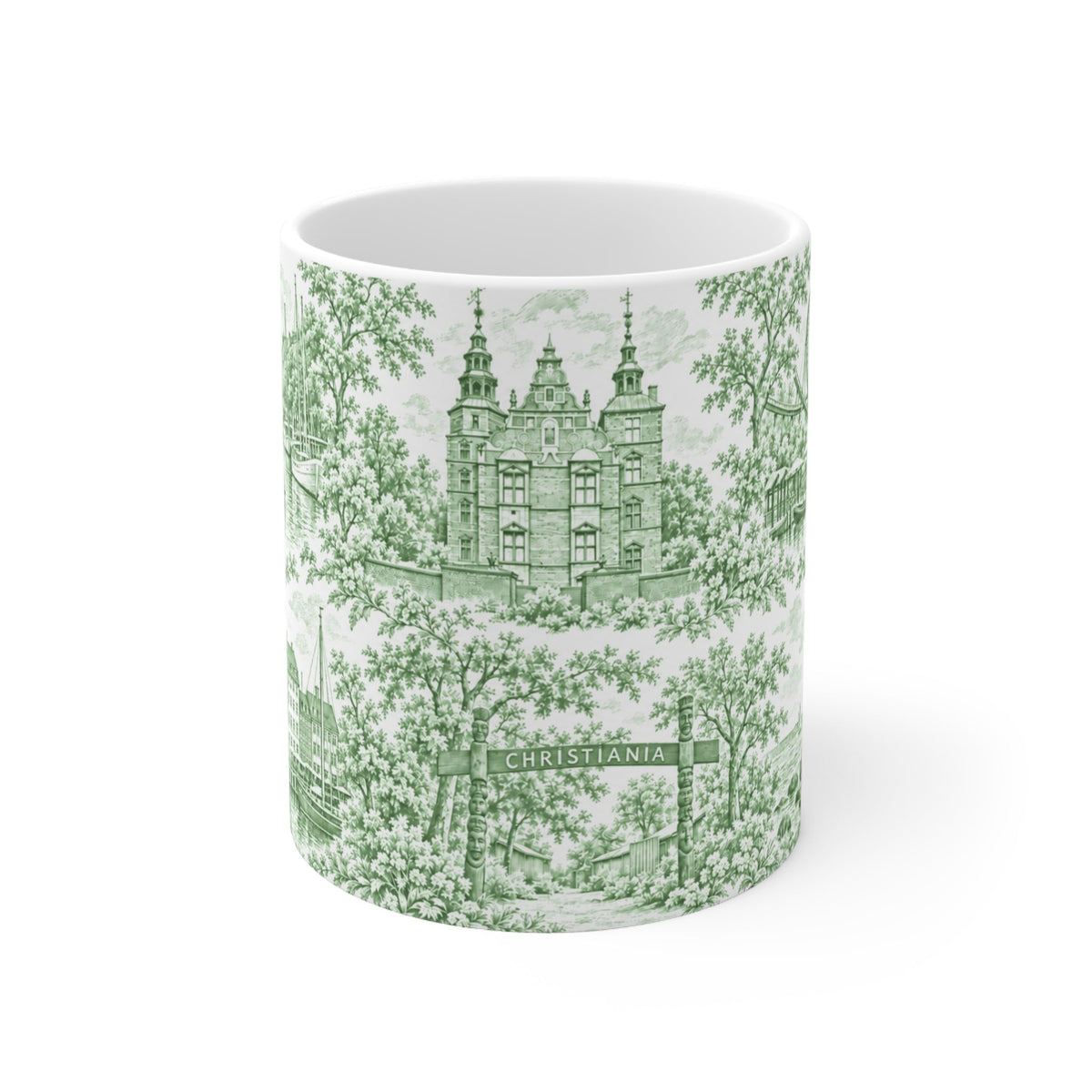 Copenhagen Green Toile de Jouy Ceramic Coffee Mug (11 oz, Ships from Europe)