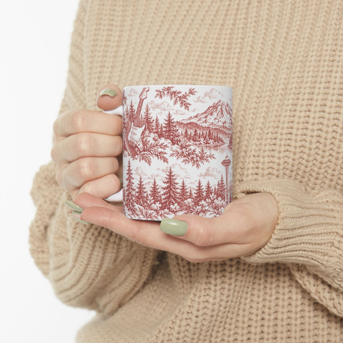 Seattle Red Toile de Jouy Ceramic Mug — Seatlle Washington and Surroundings Coffee Cup (11oz)