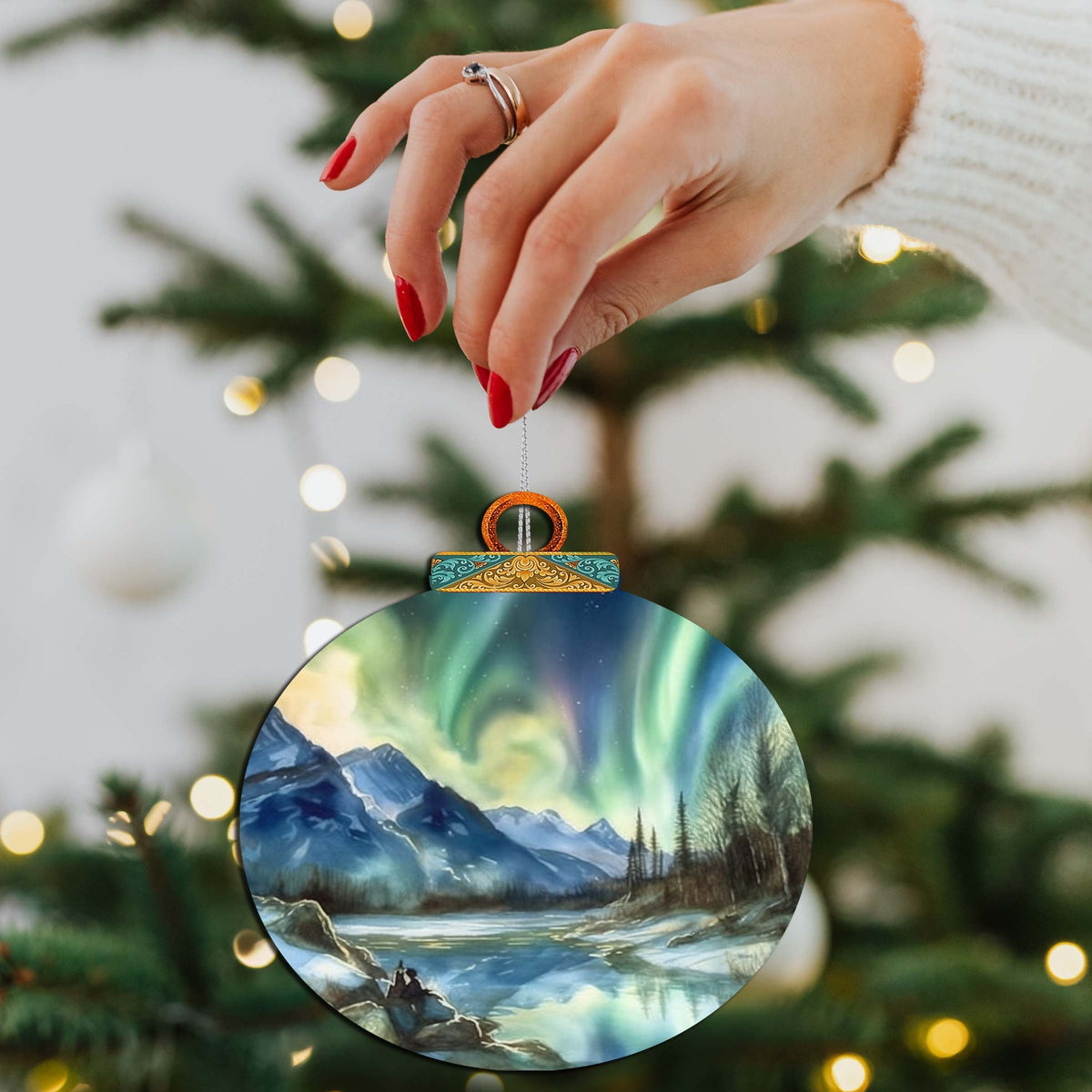 Alaskan Northern Lights Wooden Ornaments by G.Debrekht - Wildlife Holiday Decor - 870039
