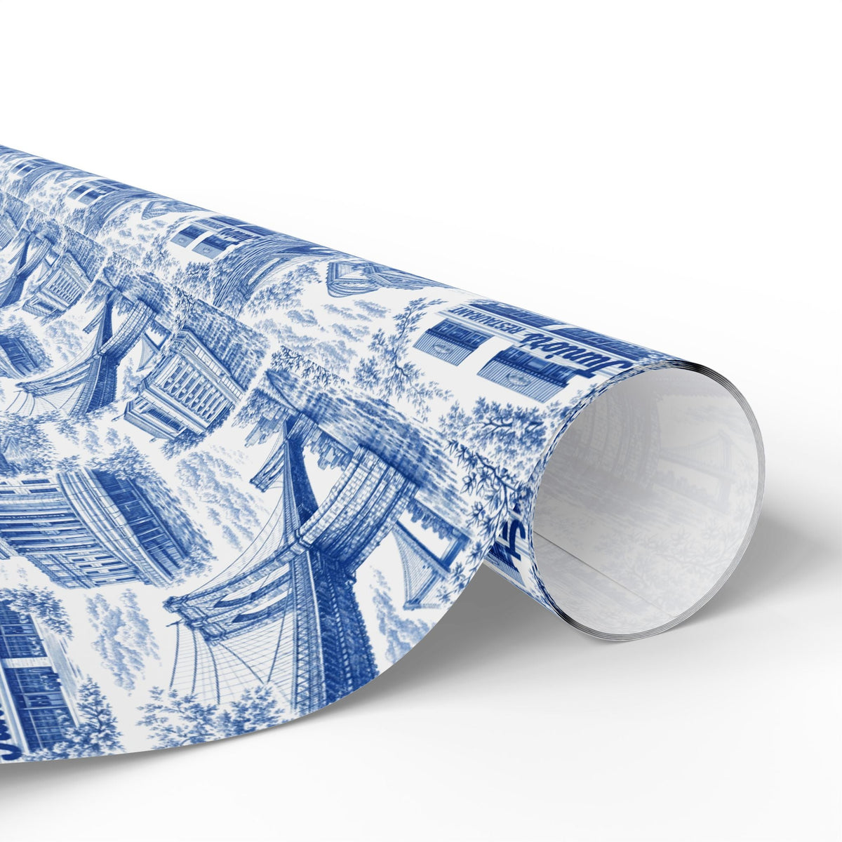 Brooklyn NYC Blue Toile Gift Wrapping Papers Chinoiserie New York City Gift Wrap Brooklyn Bridge Prospect Park Junior's DUMBO Museum