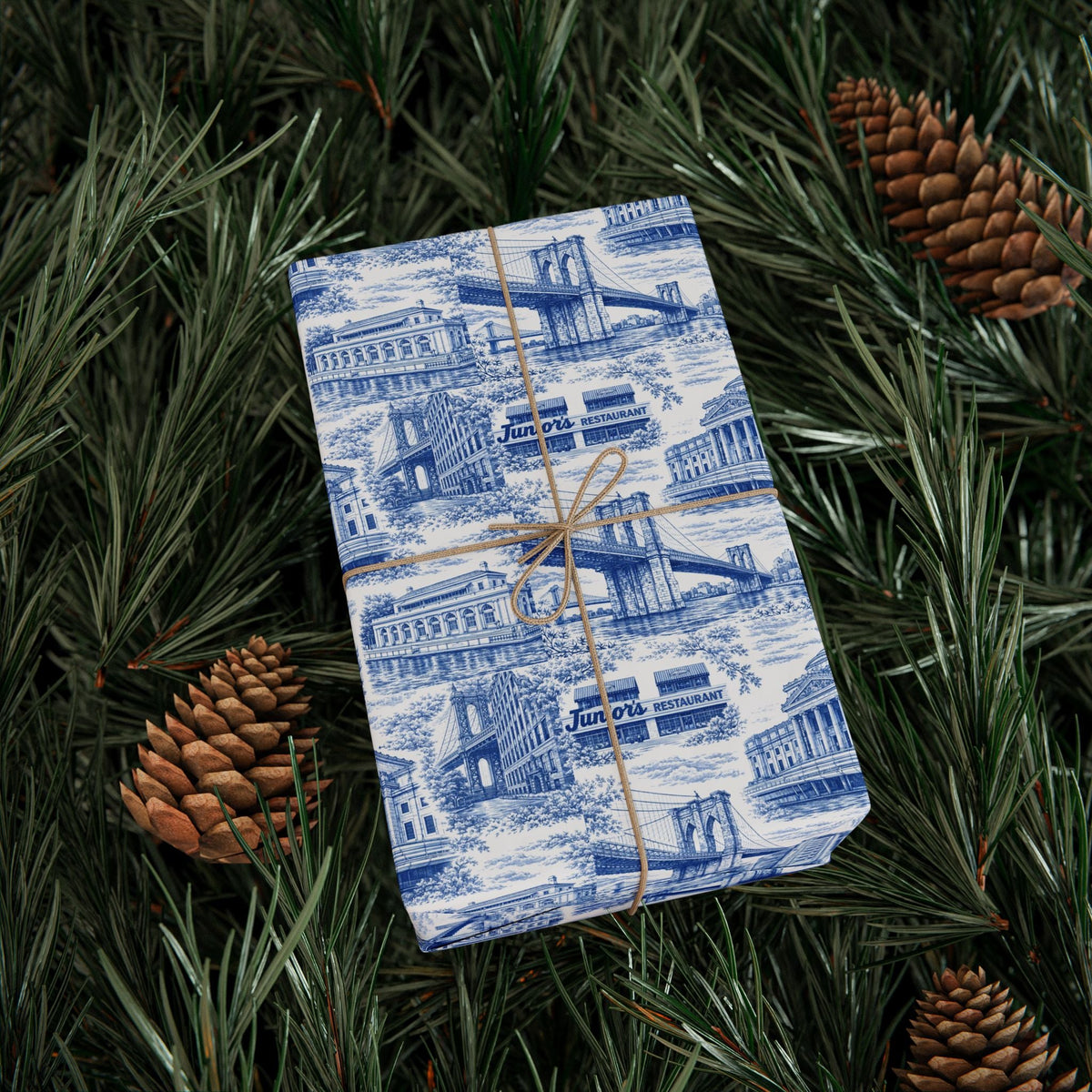 Brooklyn NYC Blue Toile Gift Wrapping Papers Chinoiserie New York City Gift Wrap Brooklyn Bridge Prospect Park Junior's DUMBO Museum