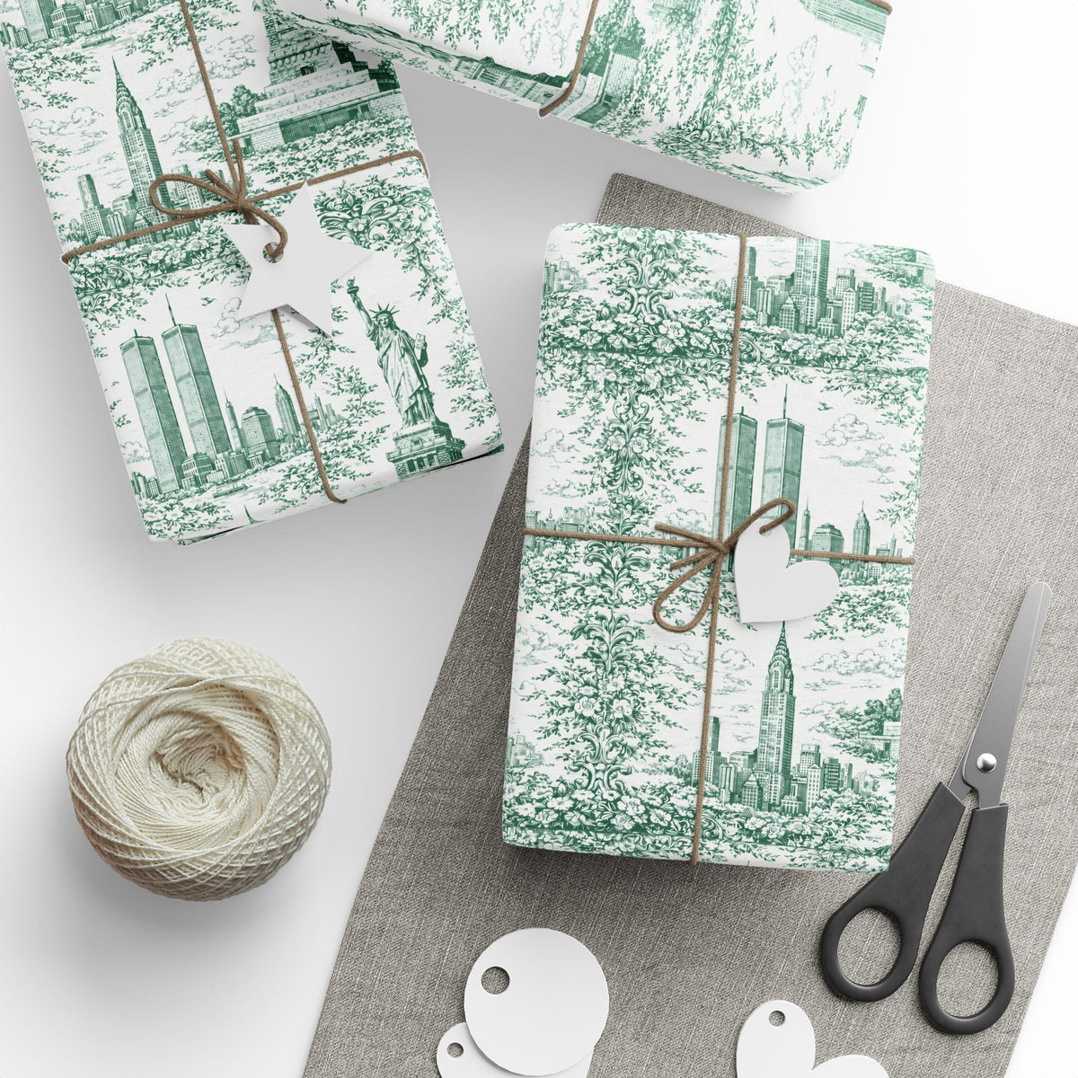 Manhattan NYC Green Toile Gift Wrapping Papers Chinoiserie Old New York City Gift Wrap Empire State Building Twin Towers Statue of Liberty
