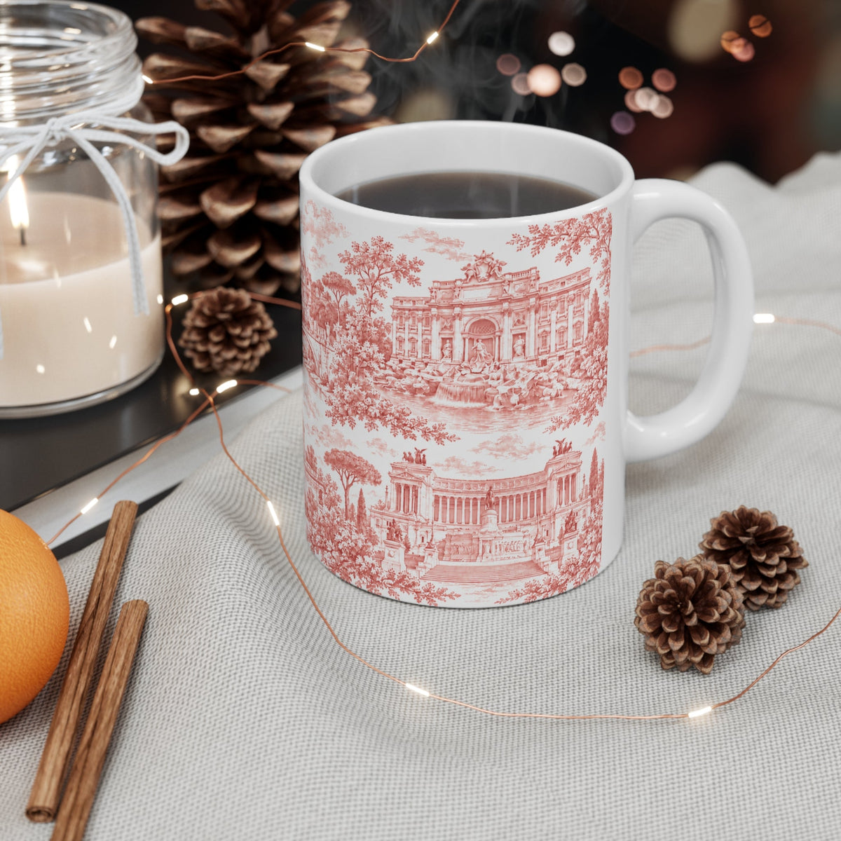 Rome Red Toile de Jouy Ceramic Mug — (11oz; Ships from Europe)
