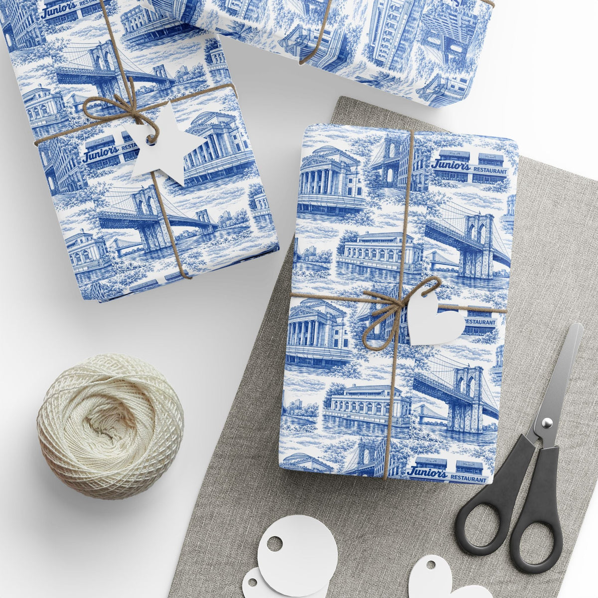 Brooklyn NYC Blue Toile Gift Wrapping Papers Chinoiserie New York City Gift Wrap Brooklyn Bridge Prospect Park Junior's DUMBO Museum