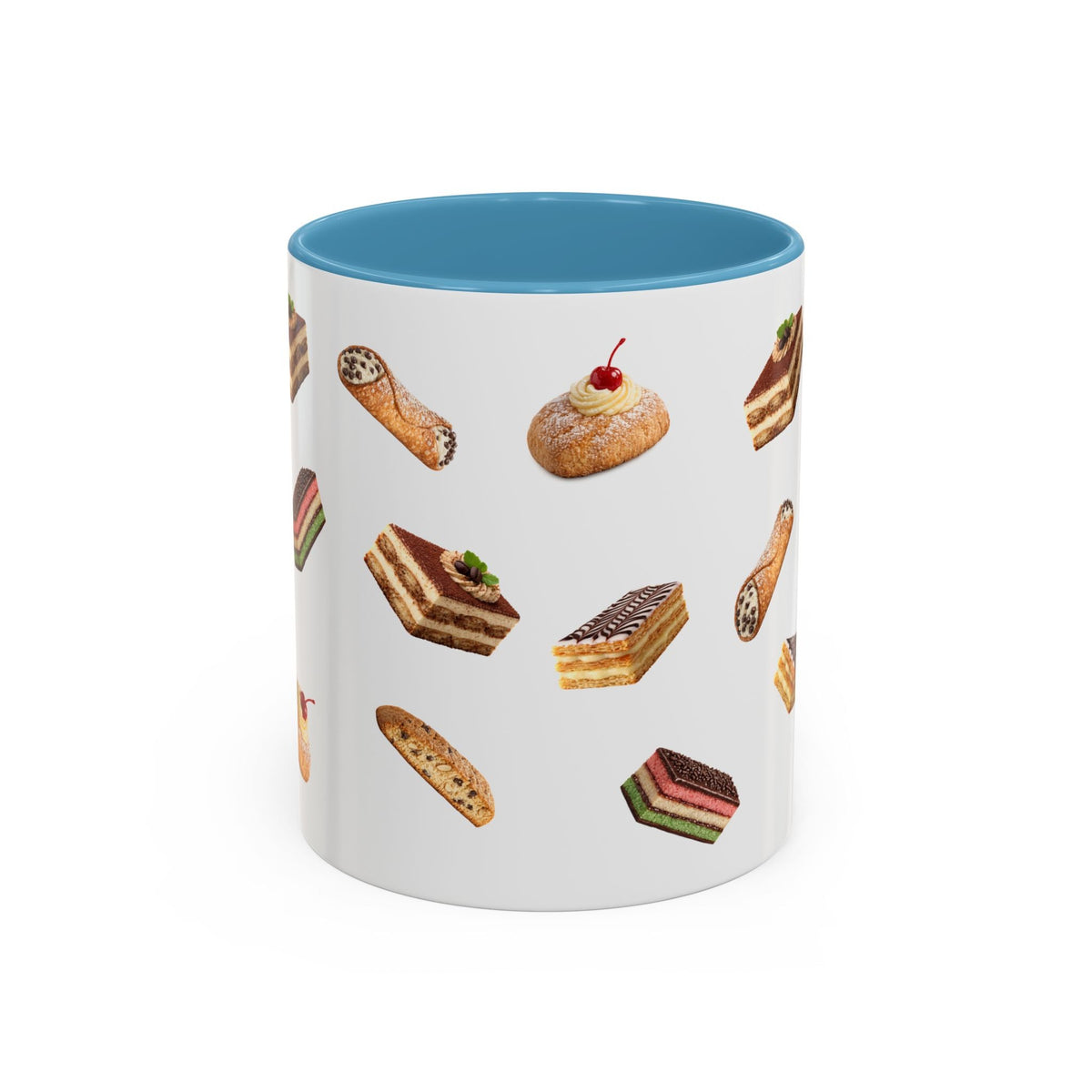 NYC Italian Bakery Pattern Accent Mug | Cannoli Rainbow Cookie Zeppoli Tiramisu Biscotti Napoleon 11oz Ceramic Coffee Cup