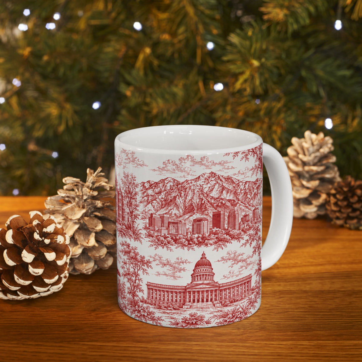 Salt Lake City Red Toile de Jouy Mug — Ceramic Coffee Cup (11oz)