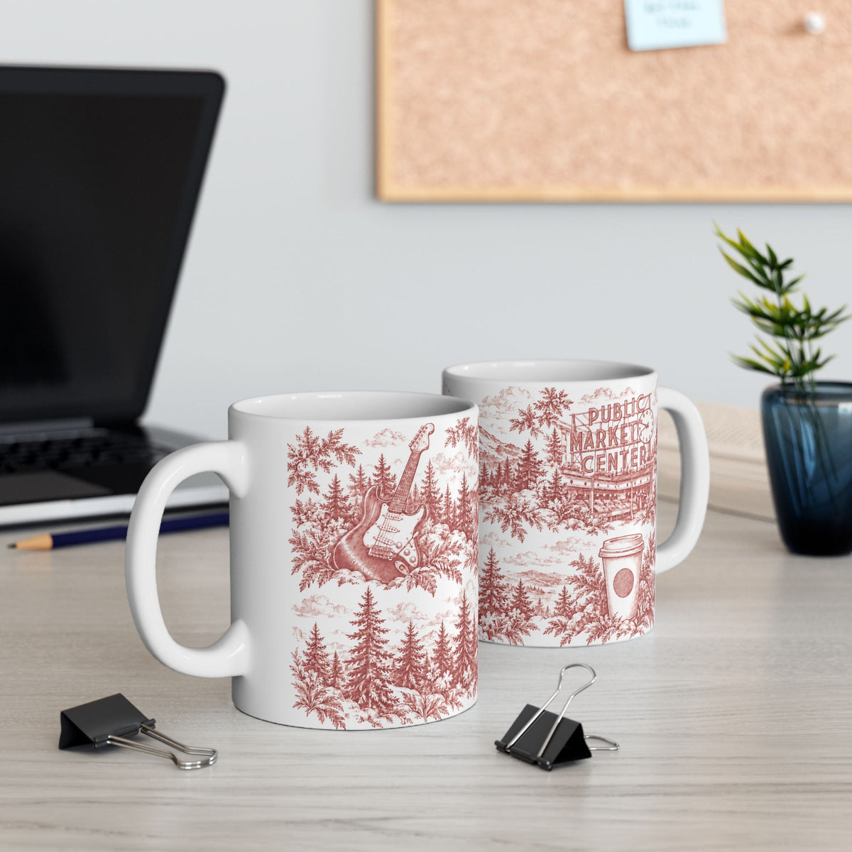 Seattle Red Toile de Jouy Ceramic Mug — Seatlle Washington and Surroundings Coffee Cup (11oz)