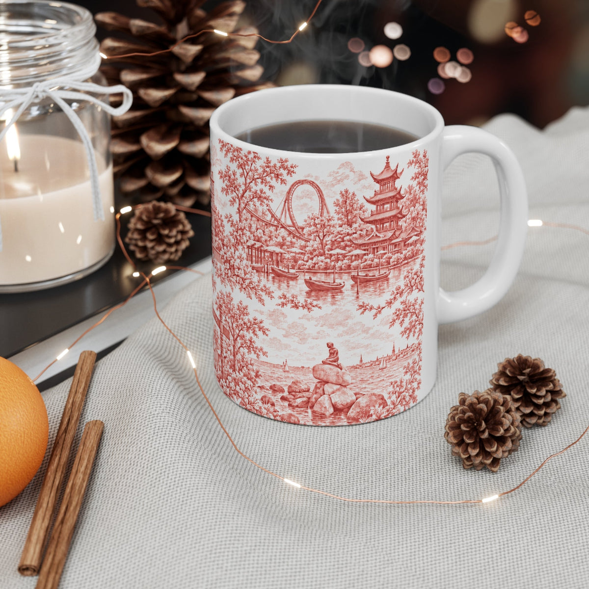 Copenhagen Red Toile de Jouy Ceramic Coffee Mug (11 oz, Ships from Europe)