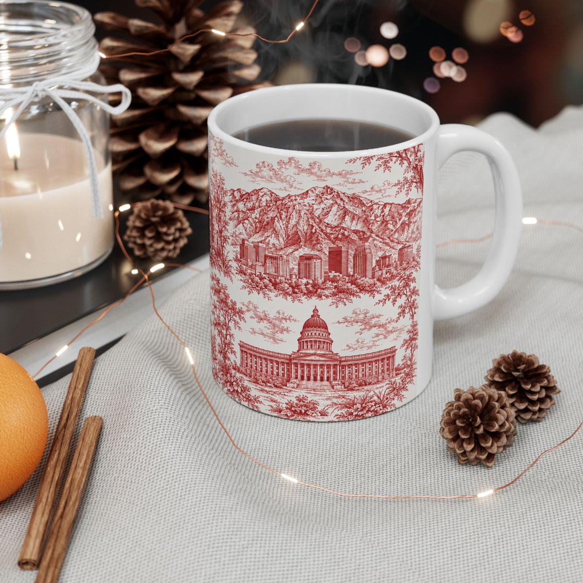 Salt Lake City Red Toile de Jouy Mug — Ceramic Coffee Cup (11oz)