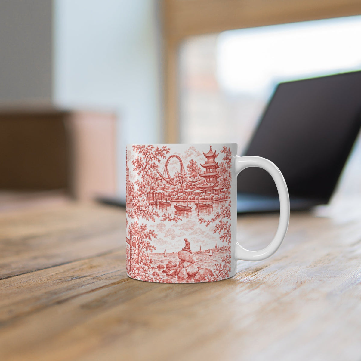 Copenhagen Red Toile de Jouy Ceramic Coffee Mug (11 oz, Ships from Europe)