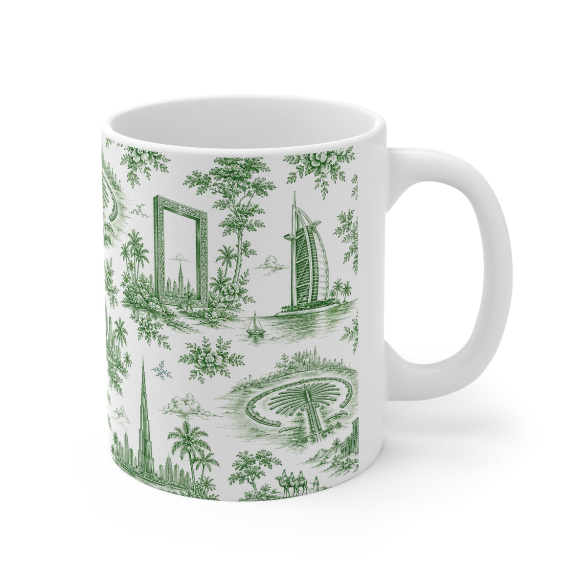 Dubai Green Toile de Jouy Ceramic Mug - Coffee Cup (11oz; Ships from Europe)