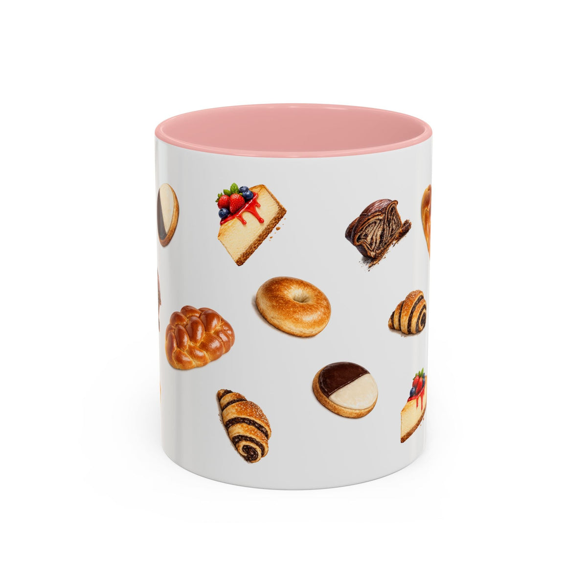 NYC Kosher Bakery Pattern Accent Mug | Babka Cheesecake Rugelach Black + White Cookie Challah Bagel 11oz Ceramic Coffee Cup