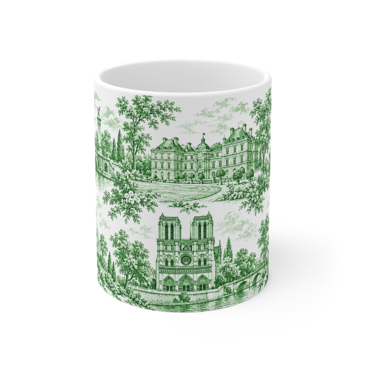 Paris Green and White Toile Ceramic Mug — (11oz; Ships from Europe)