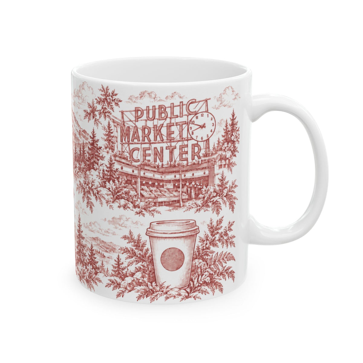 Seattle Red Toile de Jouy Ceramic Mug — Seatlle Washington and Surroundings Coffee Cup (11oz)