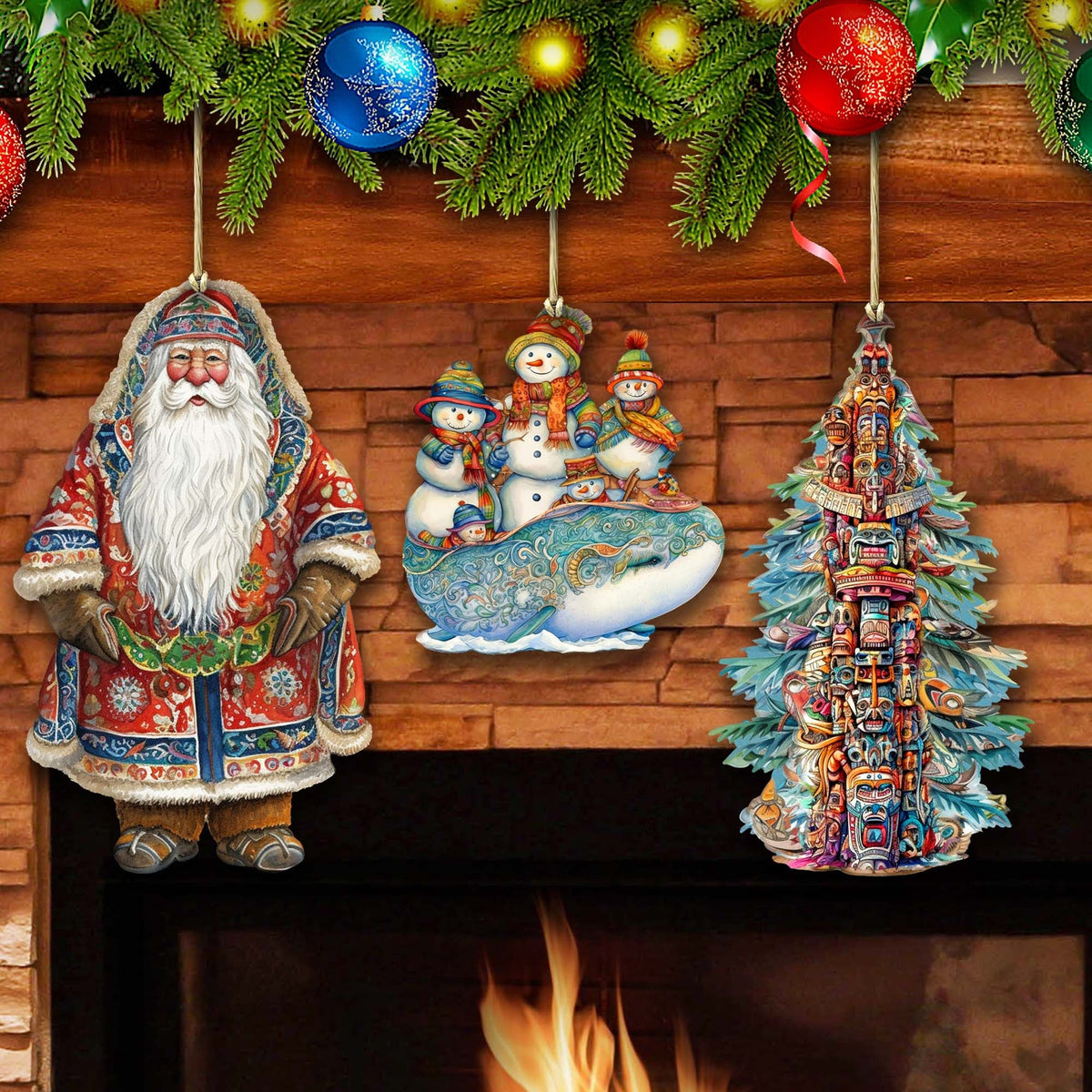 Santas Around the World - Alaskan Inspired Santa - Eco Wood Ornaments Set of 3 by G. DeBrekht Christmas Santa Snowman Decor - 8091314S3