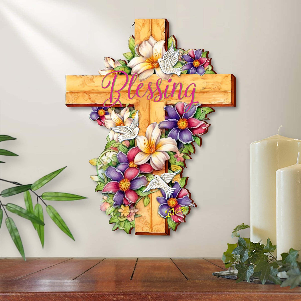 Floral Dove Blessing Wooden Cross by G. Debrekht - Easter Spring Decor - 88163