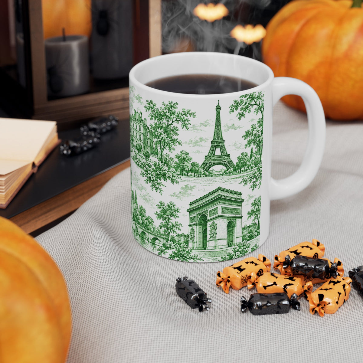 Paris Green and White Toile Ceramic Mug — (11oz; Ships from Europe)
