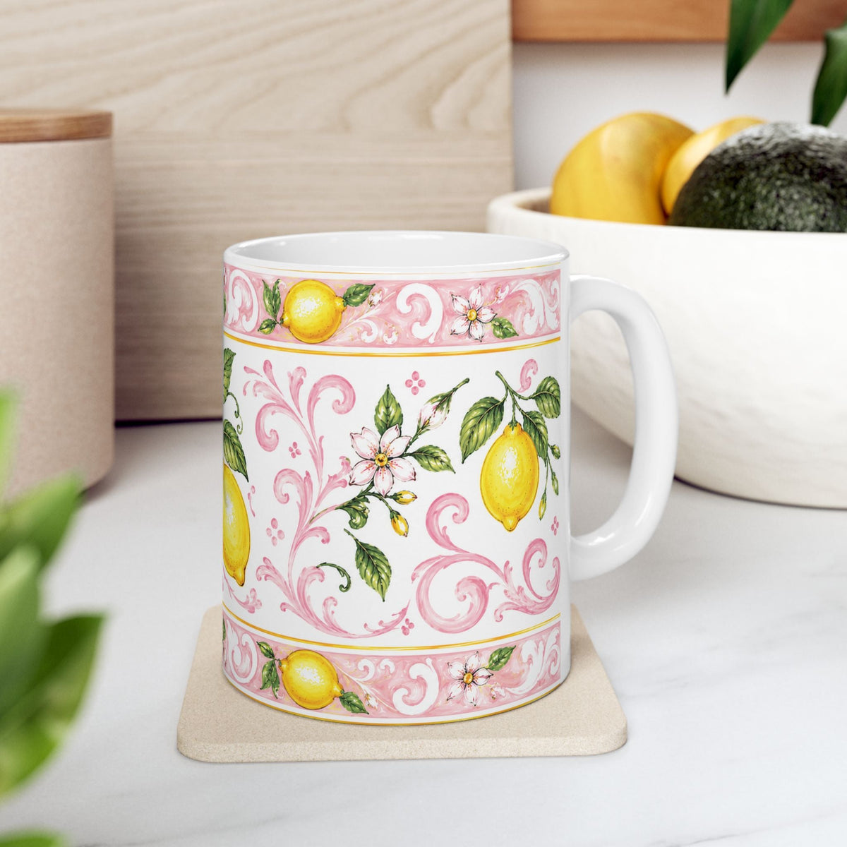 Little Italy Amalfi Pink with Lemon Mug — Italian Mediterranean Pattern Coffee Cup (11oz)