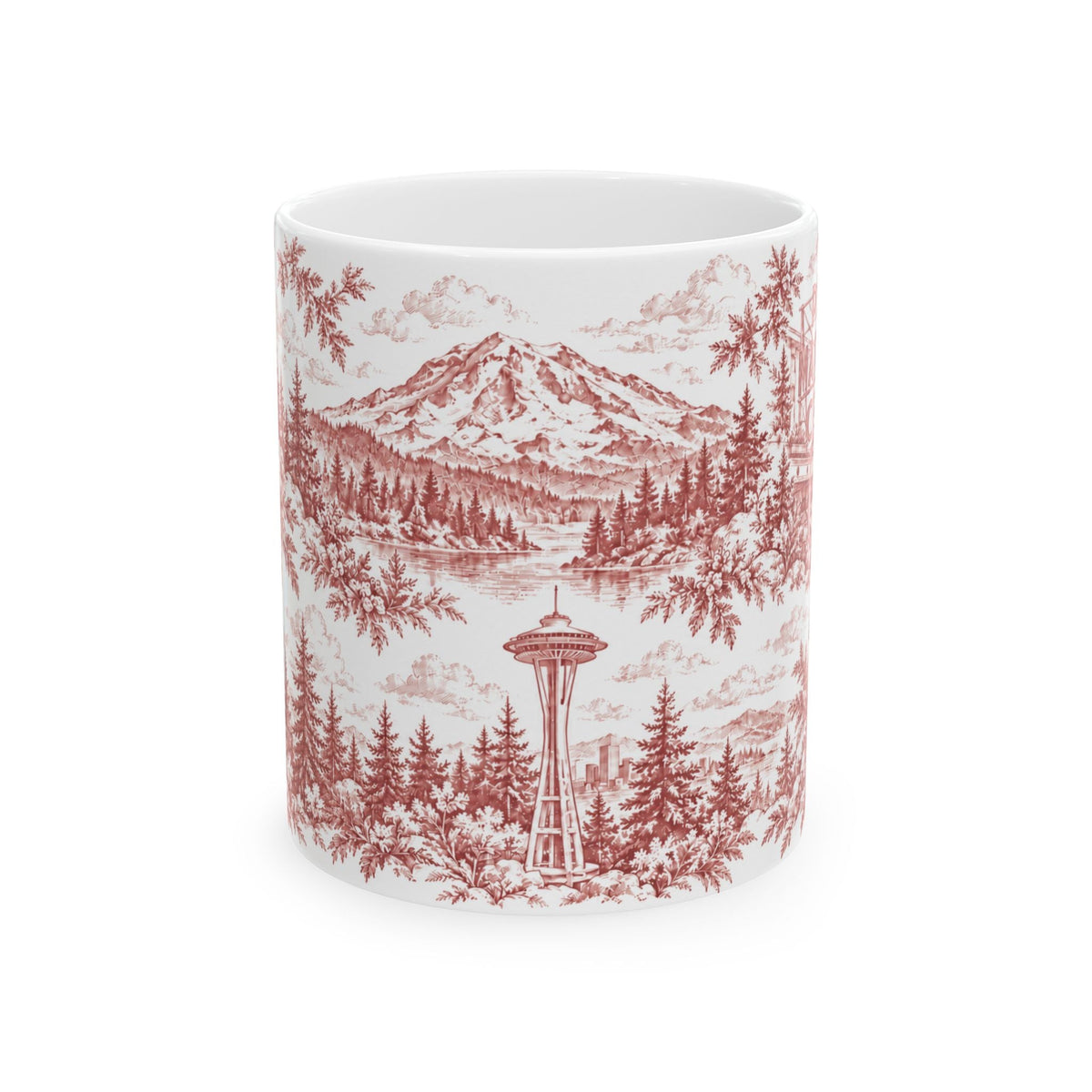 Seattle Red Toile de Jouy Ceramic Mug — Seatlle Washington and Surroundings Coffee Cup (11oz)
