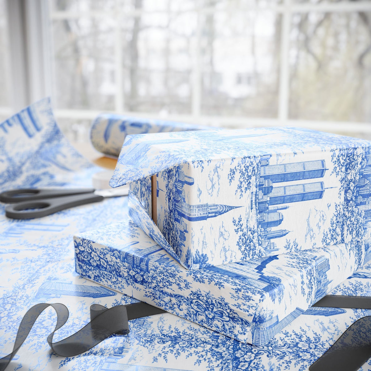 Manhattan NYC Blue Toile Gift Wrapping Papers Chinoiserie New York City Gift Wrap Empire State Building Twin Towers Statue of Liberty