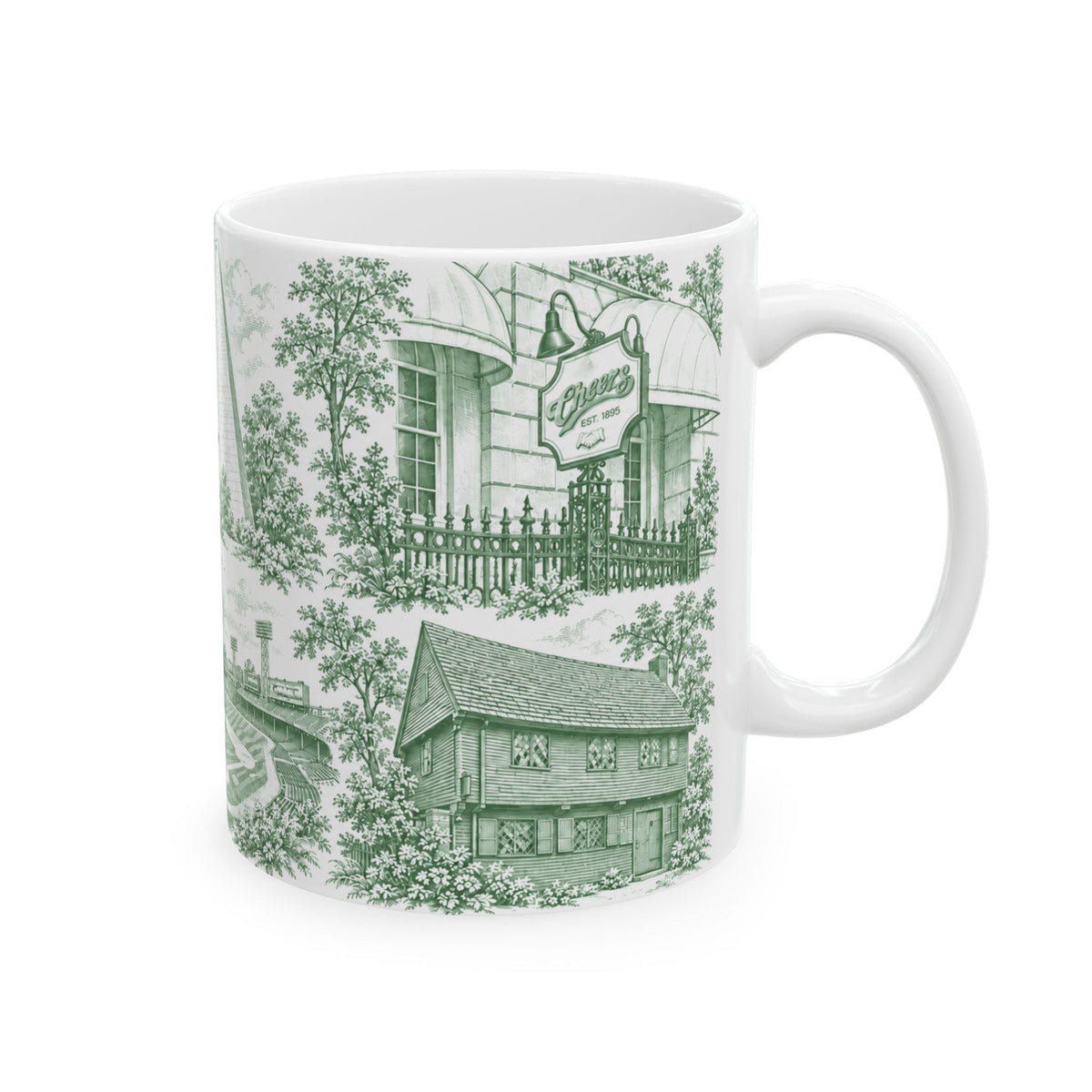 Boston Green Toile de Jouy Mug — Green Scenic Ceramic Coffee Cup (11oz)