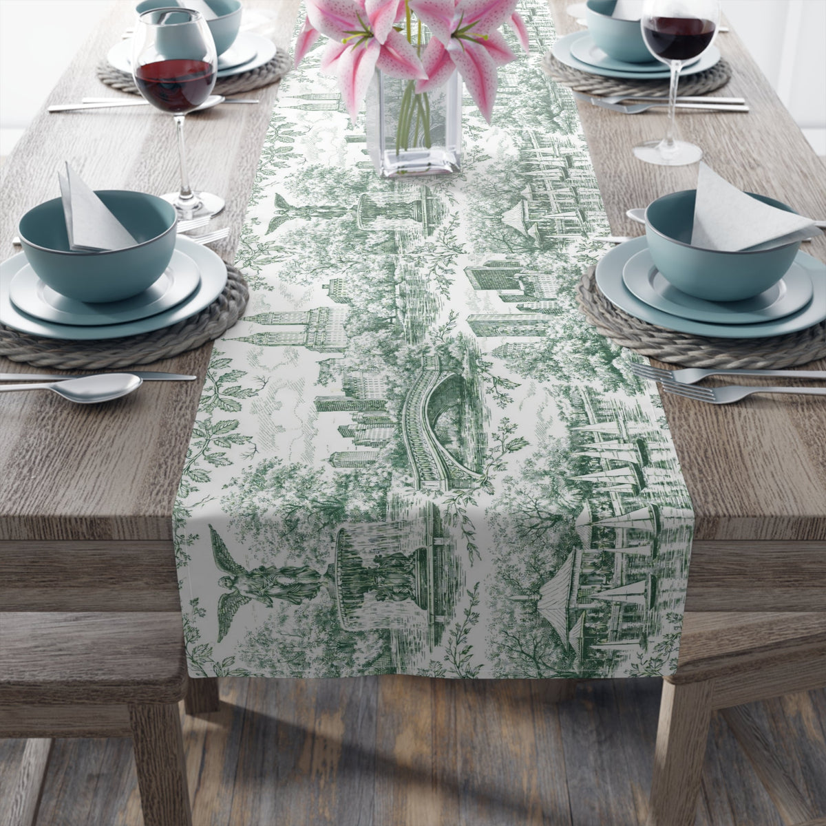 Central Park Green Toile de Jouy Table Runner — New York Chinoiserie Dining Table Decor