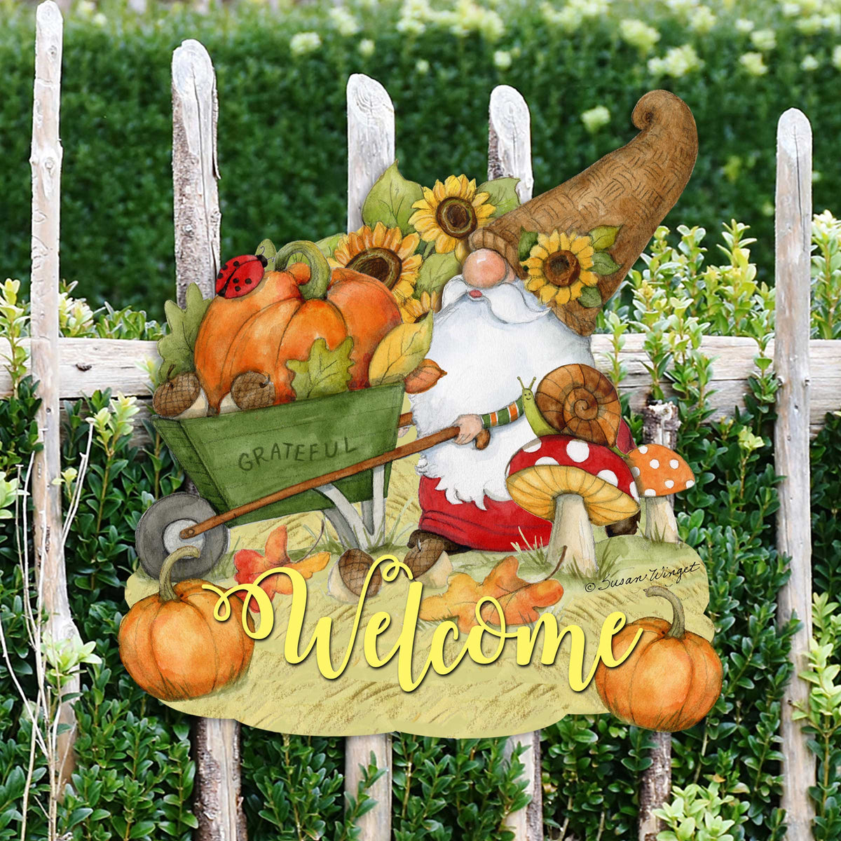 Outdoor Garden Stakes Fall Decoration - Harvest Gnome Welcome Sign - Wheelbarrow Cornucopia - Handmade Gift - Autumn Adornment - Wooden Ornament by Susan Winget - 8471207M-SW