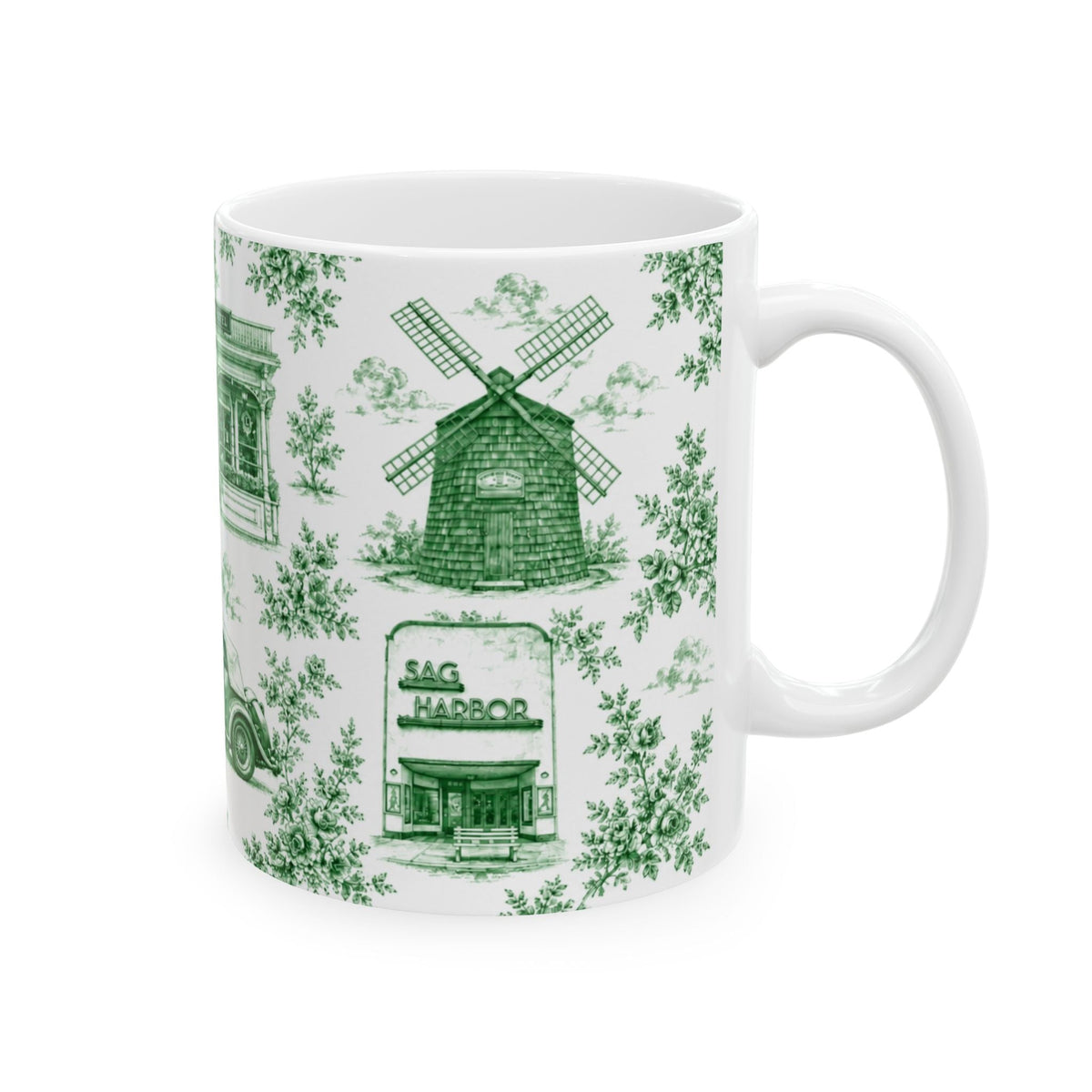 Sag Harbor Green Toile de Jouy Mug | Hamptons Chinoiserie Ceramic Coffee Cup