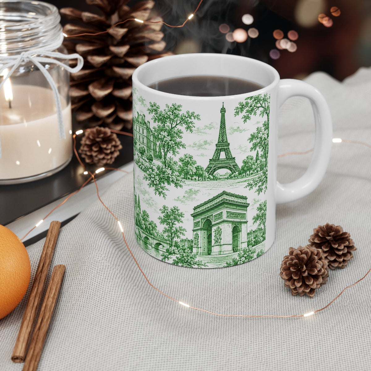 Paris Green and White Toile Ceramic Mug — (11oz; Ships from Europe)
