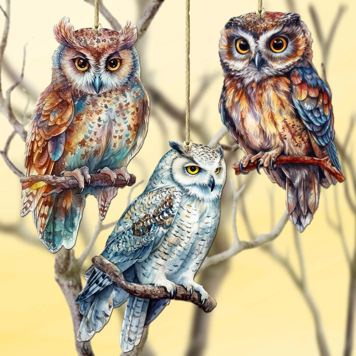 Night Owls Decorative Wooden Ornaments of 3 by G. Debrekht - Wildlife Decor - 8091004-S3