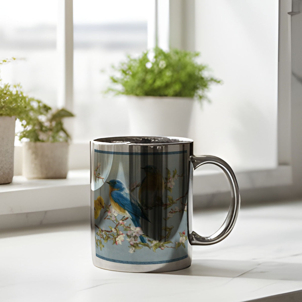 An Oriental Birds Chrome Silver Mug 11oz