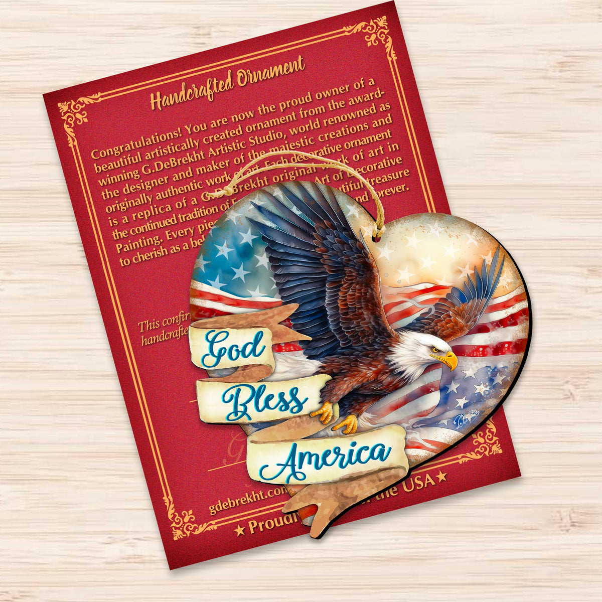 God Bless America Patriotic Eagle Heart Wooden Ornaments by G.Debrekht American Holiday Decor - 8652789
